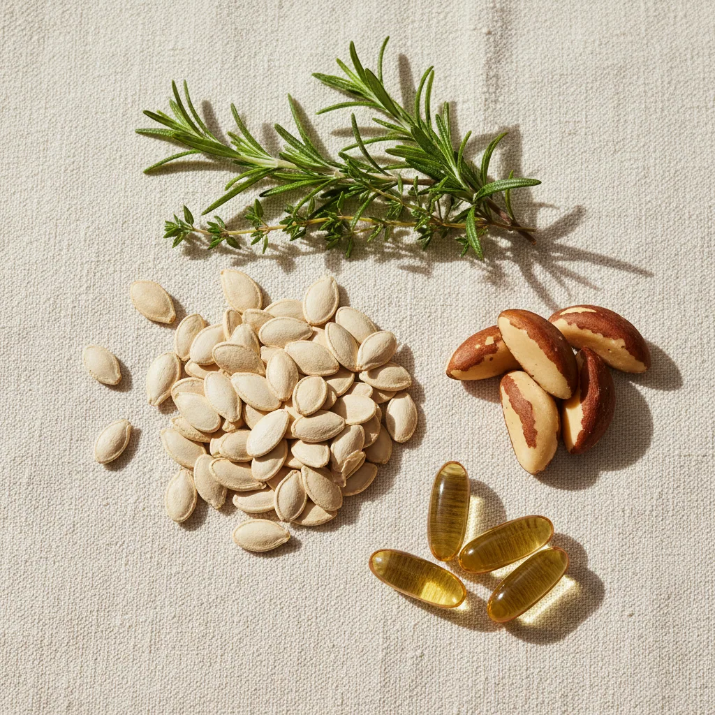 Naturlige ingredienser til kosttilskud: græskarfrø, paranødder, E-vitamin-kapsler og urter
