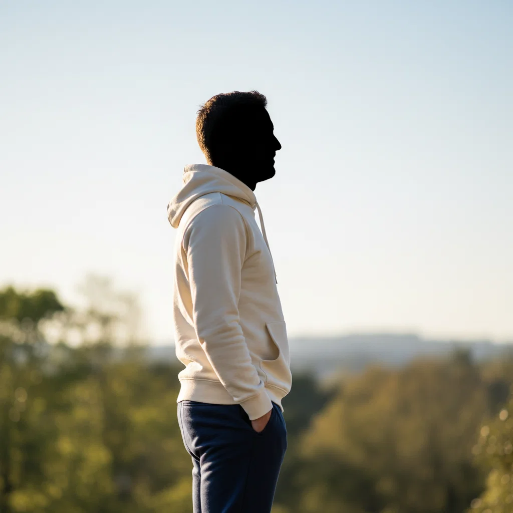 Aktiv mand i naturen - anonym, set bagfra i rolig naturlig omgivelse